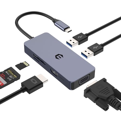 USB C HUB, Dual Monitor USB C Adapter, Multifunktions Dockingstation, USB C HUB mit VGA, HDMI, 2 USB 3.0, SD/TF Kartenleser für Laptop, Chrome OS Systeme von Qhou