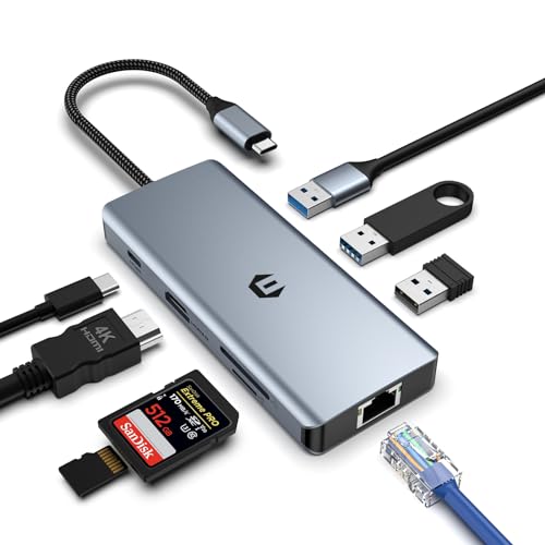 USB C HUB, USB Docking, 8 in 1 USB 3.0 HUB 5GBPS, USB C HUB mit 4K HDMI, 100W PD, Gigabit Ethernet, 2 USB 3.0, USB 2.0, SD/TF Kartenleser Kompatibel mit Windows, Laptop von Qhou