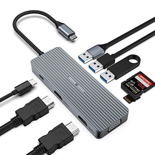 USB C Hub Adapter, 9 in 1 Triple Display USB C Adapter mit 2 x HDMI/VGA, 5Gbps Fast Docking Station kompatibel mit Type C Geräte (SD/TF+USB A 3.0/2.0+PD Aufladen) von Qhou