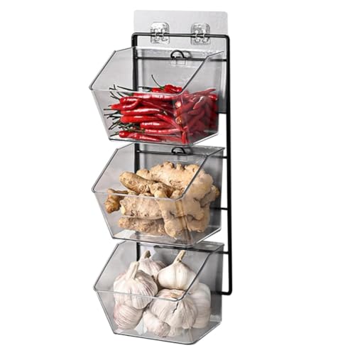 Qhpnunhq Wandbehälter mit 3 Fächern für Ingwer und Knoblauch, Aufbewahrungsbox für Zwiebeln und Kartoffeln mit Metallständer, Länge 40 cm von Qhpnunhq