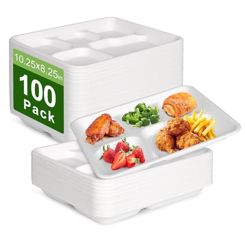 Qi Boo Kompostierbare Einwegteller mit 5 Fächern, 26 x 21 cm, robuste Pappteller mit Trennwänden, stabile Schul-Lunch-Tabletts, weiße große Pappteller für Buffet-Partys, 100 Stück Qi Boo Kompostierbare Einwegteller mit 5 Fächern, 26 x 21 cm, robuste Pappteller mit Trennwänden, stabile Schul-Lunch-Tabletts, weiße große Pappteller für Buffet-Partys, 100 Stück von Qi Boo