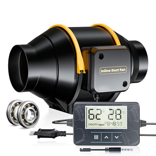 QiCrafe 100 mm Rohrventilator, Reinkupfermotor Leiser mit Doppelkugellager, 360 m³/h Lüfter mit Temperatur und Feuchtigkeitssensor und Timer, Abluftventilator für Growzelte Hydrokultur Keller Küche von QiCrafe