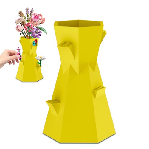 Vase für Lego Blumen, kompatibel mit Lego Steinen,für Lego Blumensträußchen-Baukasten,Ständer für Lego Rosen,Kirschblüten, Sonnenblumen, Tulpen, Narzissen,Lotos-Geschenk für Lego Blumenliebhaber-gelb von QiLiTd