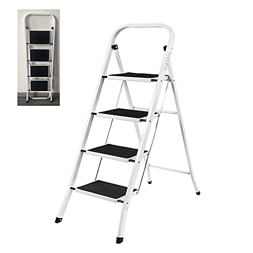Qimu 4-Stufen-Leiter, tragbare Faltbare Stahlleiter, rutschfeste Trittleiter, Sicherheitsklapp-Hochleistungs-Tritthocker, ideal für Zuhause/Küche/Garage, 150 kg maximale Kapazität von Qimu