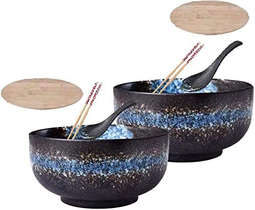 Japanische Ramen-Schüssel aus Keramik, große Tiefe Schüsseln für den Innenbereich, 2er-Set, mit Deckel, Essstäbchen, Löffel, Ramen, Pho, Nudelsuppe, Udon, Donburi von QiXiaYuHui