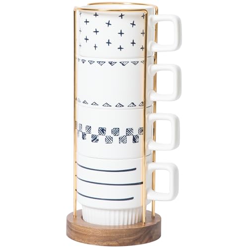 QiYueZaiYe Porzellan-Kaffeebecher-Set mit Ständer und Holzboden, handgefertigt, 320ml, 4er-Set (Quadrat, Dreieck, Linie) von QiYueZaiYe