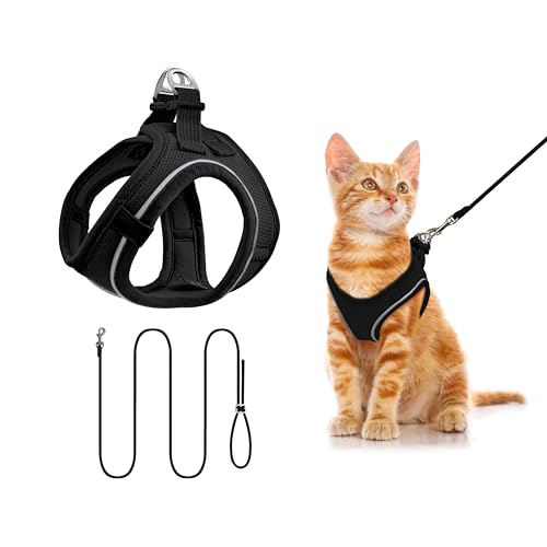 Qianruida Geschirr mit Leine für Katzen, weiches und umhüllendes Netz, verstellbares Geschirr reflektierend – ideal zum Spazierengehen von Kätzchen, ohne dass sie entkommen (Schwarz S) von QianRuiDa