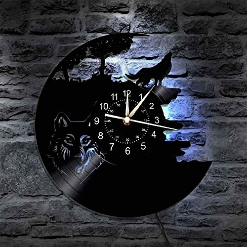 QianZhou-Uk Vinyl-Wanduhr, Wolfs-Geschenk, Wanddekoration, 7 Farben, Nachtlampe, Retro-Wanduhr, kreative Wildtiere, Wolfsgeschenke, handgefertigte Wanddekoration für Zuhause (A-LED) von QianZhou-Uk