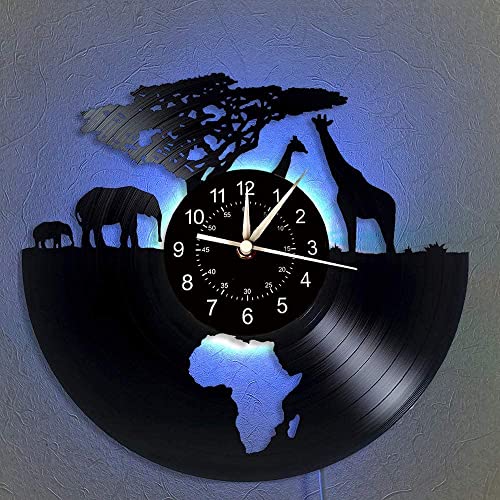 QianZhou-Uk Vinyl-Wanduhr, Afrika – Safari-Tiere, 7 Farben, Nachtlampe, Retro-Wanduhr, kreative südafrikanische Geschenke, handgefertigte Wanddekoration (B-LED) von QianZhou-Uk