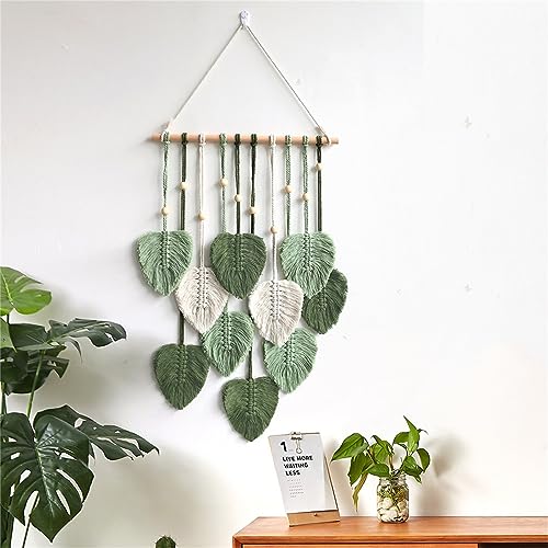 Makramee Wandbehang Blätter, Wandbehang, Bohemian-gewebter Wandteppich, handgefertigtes Garn, gewebte Wandkunst, Blatt-Wandteppich für Kinderzimmer, Schlafzimmer, Wohnzimmer (Armeegrün) von Qianderer