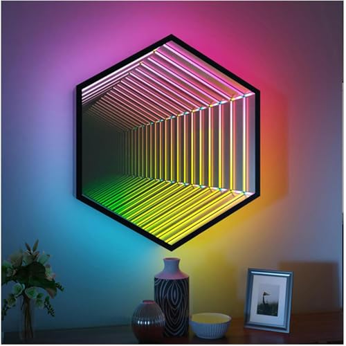 Qiang 3D-Farbwechsel-Tunnellicht,2-in-1-Spiegel-Tunnellicht,Ferngesteuerter LED-Infinity-Wandspiegelrahmen mit Mehrfarbigem Wechsellicht,für Wohnzimmer,Partybar zu Hause,Hexagon-50cm von Qiang