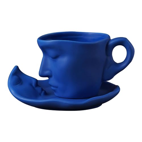 Qianly Teetasse und Untertasse, Kaffeetasse mit Untertasse, Teegeschirr, Kaffeegeschirr mit Handgriff, interessante Tasse in menschlicher Gesichtsform, Blau von Qianly