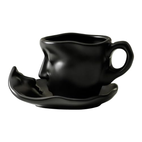 Qianly Teetasse und Untertasse, Kaffeetasse mit Untertasse, Teegeschirr, Kaffeegeschirr mit Handgriff, interessante Tasse in menschlicher Gesichtsform, Schwarz von Qianly