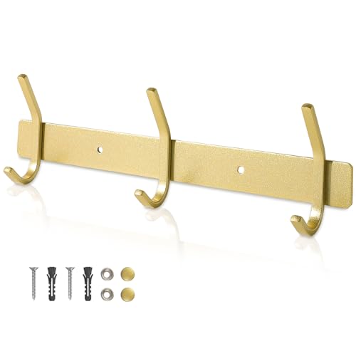Qiannhee Hakenleiste Kleiderhaken Gold Garderobenleiste Rostfrei 30CM bis 30KG Edelstahl Kleiderhakenleiste Garderobenhaken Kinder mit 3 Haken Wandmontage für Badezimmer Tür Wohnzimmer Flur Jacken von Qiannhee