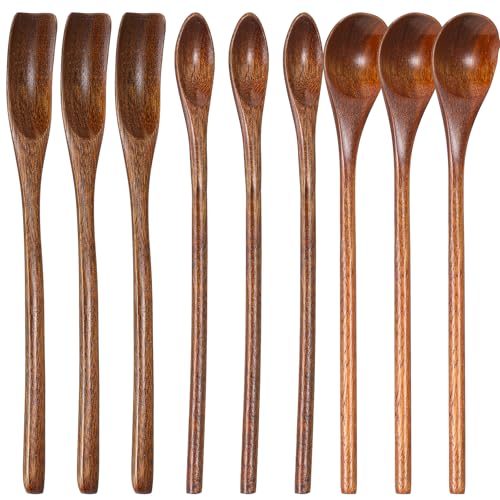 9 Stück Besteck Holzlöffel Honig Teelöffel Holz klein Suppenlöffel Kaffee Tee Honig Teelöffel Naturholzlöffel Langstieliger Küchenzubehör Handgefertigt Mini Holzlöffel für Mischen Rühren Suppen Tee von Qianyu