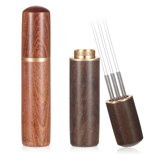 Qianyu 2 Stück Espresso -Kaffee -Rührer Nadel Verteiler Kaffee Zubehör 6 Nadeln 0,4 mm natürlicher Holzgriff und Ständer Barista Espresso Kaffee Verteiler für Rührer Ersatz von Qianyu