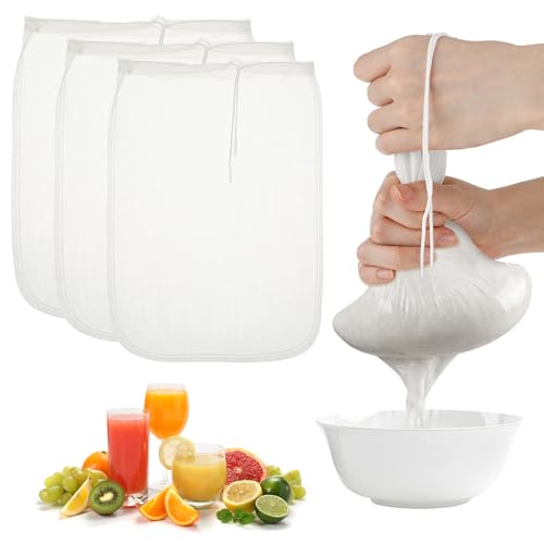 Qianyu 3 Stück Nussmilchbeutel, Käsetücher Feinmaschiges Passiertuch mit Kordelzug Lebensmittelsieb Vielseitig Einsetzbare Filterbeutel Käsetuch zum Abseihen für Tee Kaffee Gemüsesaft von Qianyu