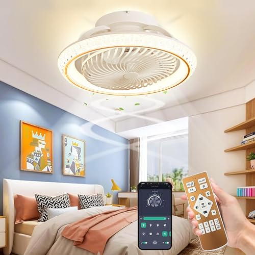 Qxiaomao LED Deckenleuchte mit Ventilator, Moderne 360° Drehung Deckenventilatoren mit Beleuchtung App Fernbedienung, 72W Dimmbar Timer Lampe mit Ventilator für Schlafzimmer Licht Ventilator Gold 49cm von Qiaomao