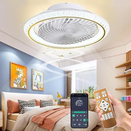 Qiaomao LED Deckenleuchte mit Ventilator, Moderne 360° Drehung Deckenventilatoren mit Beleuchtung App Fernbedienung, 72W Dimmbar Timer Lampe mit Ventilator für Schlafzimmer Licht Ventilator Gold 49cm von Qiaomao