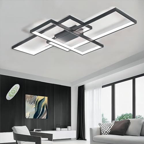 Qiaomao LED Deckenleuchte Schwarz Modern Deckenlampe Wohnzimmer (110x60x9cm), Dimmbar Wohnzimmerlampe mit Fernbedienung, Schlafzimmerlampe, Groß Deckenbeleuchtung Wohnzimmer Schlafzimmer Büro von Qiaomao