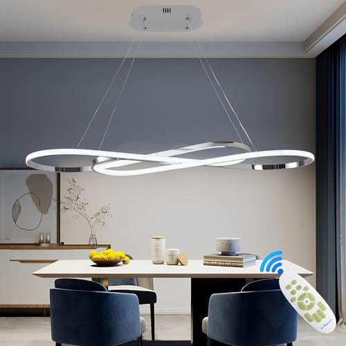 Qiaomao 57W Dimmbare LED Pendelleuchte, Doppelfigur 8 Design Hängeleuchte mit Fernbedienung, Pendellampe Hängend Höhenverstellbar, Hängelampe für Wohnzimmer, Esstisch, Esszimmer, Küche, Silber von Qiaomao