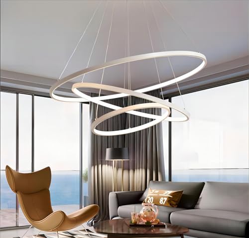 Qiaomao Hängelampe LED-Deckenleuchte Weiß Dimmbar mit Fernbedienung 76W, Moderne 3 Ring Pendelleuchte Höhenverstellbar Wohnzimmerlampe, Esstisch, Esszimmer, Schlafzimmer Kronleuchter, 20+40+60cm von Qiaomao
