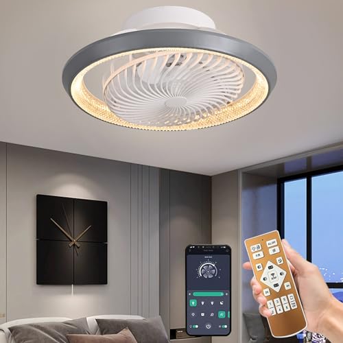 Qiaomao LED Deckenleuchte mit Ventilator, Moderne 360° Drehung Deckenventilatoren mit Beleuchtung, App Fernbedienung, 72W Dimmbar Timer Lampe mit Ventilator für Schlafzimmer Licht Ventilator Grau 49cm von Qiaomao