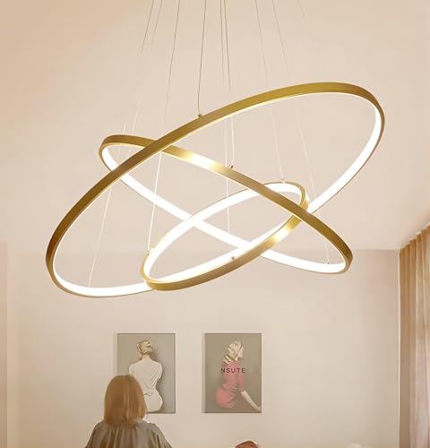 Qiaomao LED Kronleuchter Dimmbar Pendelleuchte Gold Hängelampe mit Fernbedienung 115W, Moderne Ring Deckenleuchte Höhenverstellbar Hängeleuchte Wohnzimmer Esstisch Esszimmer Schlafzimmer 40+60+80cm von Qiaomao