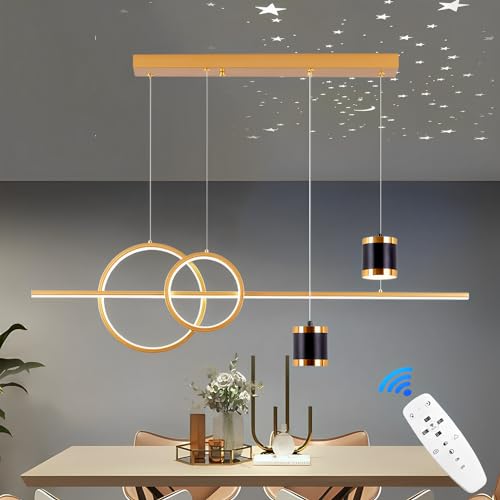 Qiaomao LED Pendelleuchte Esstisch Hängelampe Wohnzimmer Modern 49W Sternenhimmel Konvergiert Kronleuchter Dimmbare Hängeleuchte mit Fernbedienung Esszimmerlampe 120cm Höhenverstellbar, Gold von Qiaomao