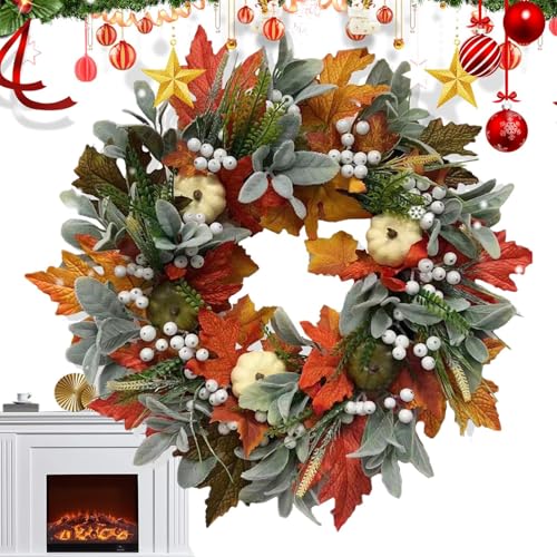 Herbstkranz, 45 cm Großer Herbstkranz Für Die Haustür, Künstliche Türkranz mit weißem Kürbis Ahornblätter Beere, Haustür Wand Dekoration für Halloween Thanksgiving Weihnachten von Qiaonan