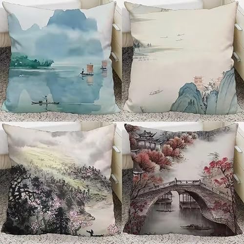 Qiaoqoo 4er Set Kissenbezüge 40x40cm Leinen Landschaft mit unsichtbarem Reißverschluss Kissenbezug Sofa Schlafzimmer Wohnzimmer Auto Zuhause Dekoration Kissenhülle von Qiaoqoo