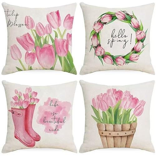 Qiaoqoo 4er Set Kissenbezüge 50x50cm Leinen Rosa Tulpe-Schuhe-Blume mit unsichtbarem Reißverschluss Kissenbezug Sofa Schlafzimmer Wohnzimmer Auto Zuhause Dekoration Kissenhülle von Qiaoqoo