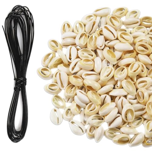 Qiblaou Muschel Perlen 100 Stück mit Löchern Natürlichen Muschel Perlen 16–18 mm Spiralschale Perlen mit 5 m schwarzem Seil für die Herstellung von DIY-Schmuck, Basteldekoration von Qiblaou
