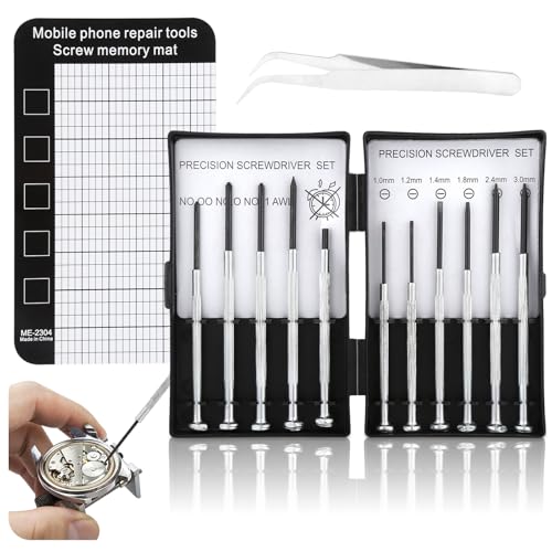 11-Teiliges Mini Schraubenzieher Set, Kleine Schraubenzieher Set mit Magnetmatte und Pinzette, Feinmechaniker Schraubendreher, Uhrmacher Schraubendreher für Uhren Brillen von Qichan
