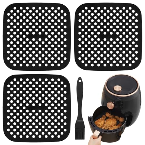 3 Stück Silikonmatte für Heissluftfritteuse, 8,5in Silikonmatte Airfryer Quadrat mit Silikonpinsel, Wiederverwendbar Luftfritteuse Liner, Silikon Air Fryer Liners für Kochen von Qichan