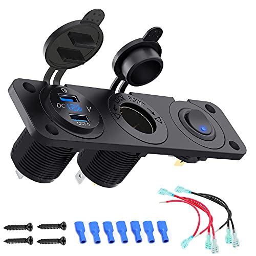 Quick Charge 3.0 USB Steckdose Auto 12V KFZ Ladegerät Einbau Buchse Wasserdicht Zigarettenanzünder Adapter USB Dose mit LED Voltmeter Spannungsanzeige 36W QC 3.0 für Wippschalter Panel auf LKW ATV RV von Qidoe