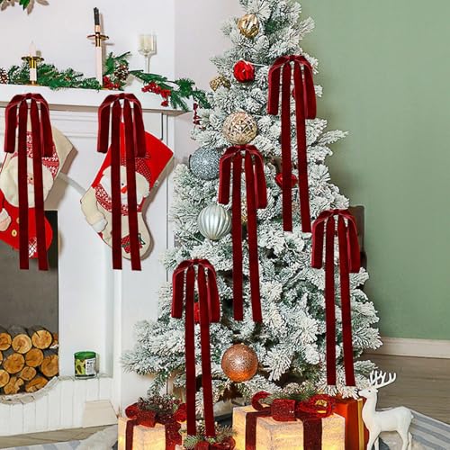 Qidures 6 Stück Tannenbaum Schleifen Samt - 60x40cm Weihnachtsbaum Schleifen Samt Weihnachtsschmuck Rote Samtschleifen Für Christbaumschmuck, Kranzs, Girlande Samtschleifen von Qidures
