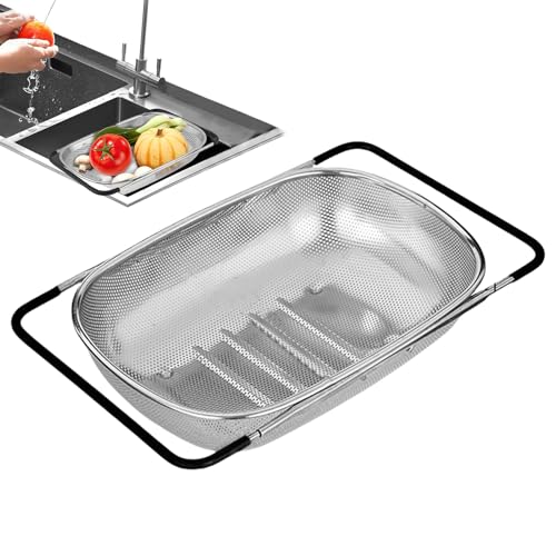 Siebkorb Spüle, Edelstahl Micros Perforierte Ausziehbares Sieb Für Spüle, Über Der Spüle Abtropfsieb Ausziehbar Seiher, Sieb Für Spülbecken Gummigriffen, Ausziehbares Ovalsieb Zum Abseihen von Qidures