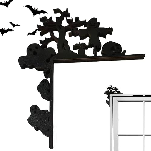 Halloween Holzschild Türecke,Rechtwinkliges Türrahmenschild aus Holz | Türrahmenschild mit Holzkatze, Haus, Skelett, Spinne, Baumform, Halloween-Schild für Türrahmen-Dekoration für Zuhause, Qihuyi von Qihuyi