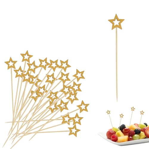 100 Stück Herbst Dekoration Cocktailspieße (B)，Hölzerne Stern Cocktail Zahnstocher，mit Sternmotiv, Geeignet für die Dekoration Cupcakes, Geschnittenem Obst und Cocktailpartys von Qiimenguer