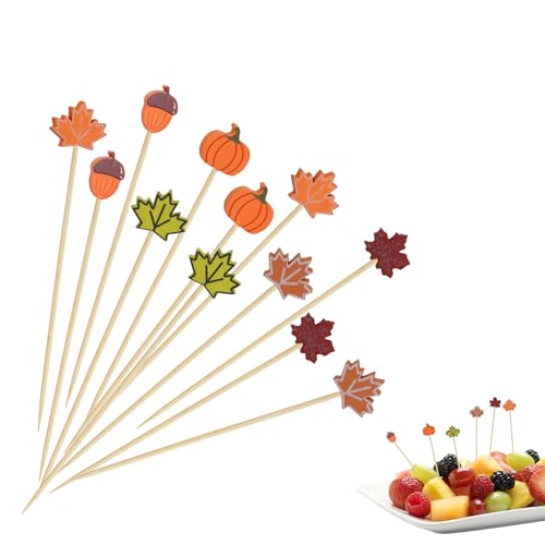 100 Stück Herbst Dekoration Cocktailspieße (C)，Hölzerne Kürbis Cocktail Zahnstocher，mit Kürbis, Geeignet für die Dekoration Cupcakes, Geschnittenem Obst und Cocktailpartys von Qiimenguer