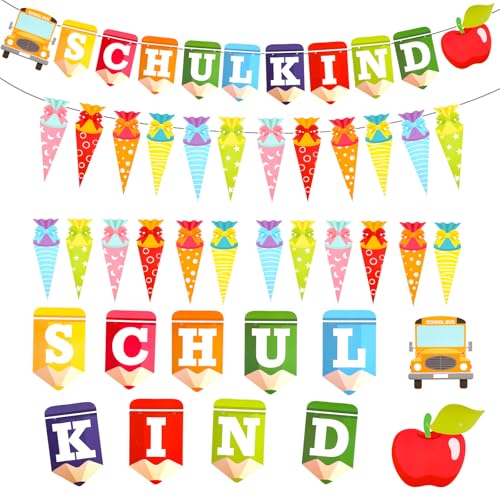2 Stück Einschulung Deko，Banner Band Schultüte und Banner Pencil Schulkind Deko zur Begrüßung der Schüler bei ihrer Rückkehr in die Schulanfang von Qiimenguer