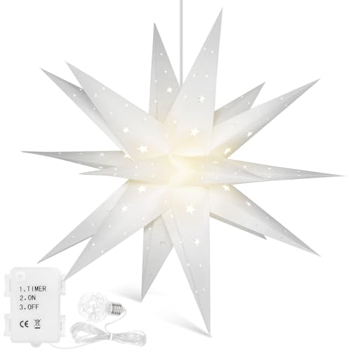 Qijieda 3D Weihnachtsstern Beleuchtet Außen Batterie mit Timer - 58cm led Weihnachtsstern für Fenster, Adventsstern Stern Zum Dekorieren von Innenhof, Balkon Und Garten (White) von Qijieda