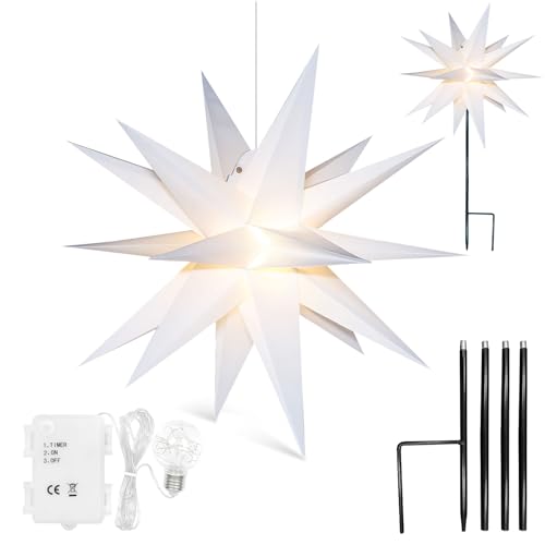 LED Weihnachtsstern Beleuchtet Außen Batterie mit Timer, Weihnachtsdeko 3D Stern für Fenster, Adventsstern Aussen Stern Beleuchtet mit Stange Zum Dekorieren von Innenhof, Balkon Und Garten φ58cm Weiß von Qijieda