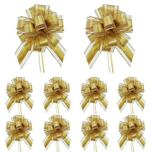 10 Stück Große Geschenk Schleife mit Geschenkband, Gold Ziehschleife Geschenkschleife zum Basteln und Verpacken, Dekoschleifen für Geschenke Tüten Hochzeit Geburtstag Weihnachten, pull bow gift bow von Qikaara