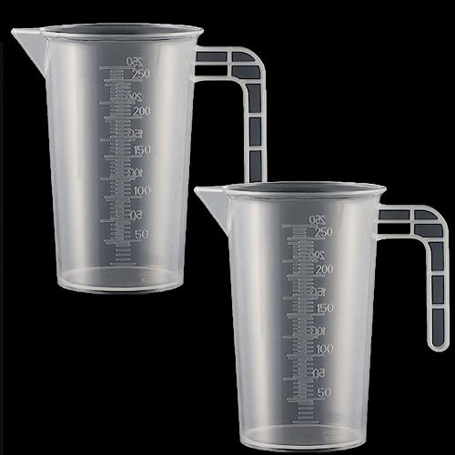 2 Stück Messbecher Kunststoff Set Mit Griff und Gramm Skala 250ml, Hitzebeständig Präzisions Messbecher für Waschmittel, Küche, Labor, die Autopflege feine Skala Lebensmittelecht 0.25L (Transparent) von Qikaara