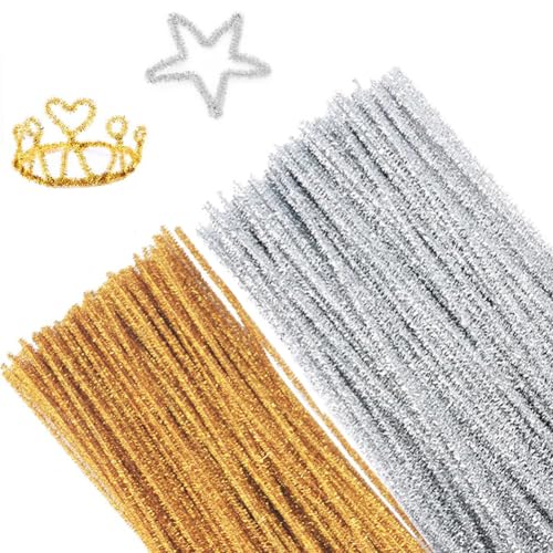 200 Stück Glitzer Pfeifenreiniger Set, Gold Silber Pfeifenreiniger Chenilledraht 30cm, Pfeifenputzerdraht für DIY Craft Projekt Chenilledraht Biegeplüsch zum Basteln und Dekorieren Pipe cleaner silver von Qikaara