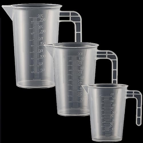 3 Stück Messbecher Kunststoff Set Mit Griff und Gramm Skala 50ml+100ml+250ml, Hitzebeständig Präzision Messbecher für Waschmittel, Küche, Labor, die Autopflege feine Skala Lebensmittelecht Transparent von Qikaara