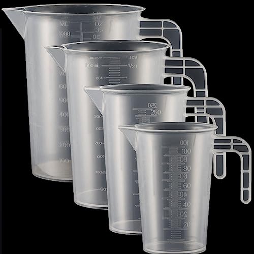 4 Stück Messbecher Kunststoff Set Mit Griff Gramm Skala 100ml+250ml+500ml+1000ml, Hitzebeständig Präzisions Messbecher für Waschmittel, Küche, Labor, die Autopflege Skala Lebensmittelecht Transparent von Qikaara