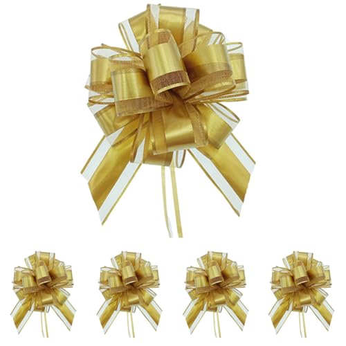 5 Stück Große Geschenk Schleife mit Geschenkband, Gold Ziehschleife Geschenkschleife zum Basteln und Verpacken, Dekoschleifen für Geschenke Tüten Hochzeit Geburtstag Weihnachten, pull bow gift bow von Qikaara